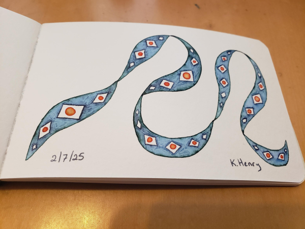 Hand drawn generative/procedural art in ink on an open page of my sketchbook. The abstract pattern looks a bit like a ribbon with diamonds and circles on it.