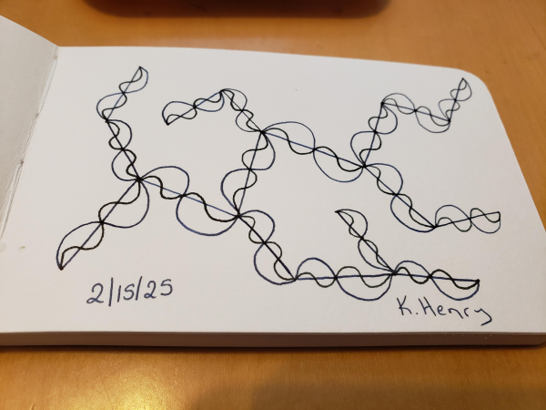 Hand drawn generative/procedural art in ink on an open page of my sketchbook. The abstract pattern has a lot of curvy lines, and is difficult to describe.