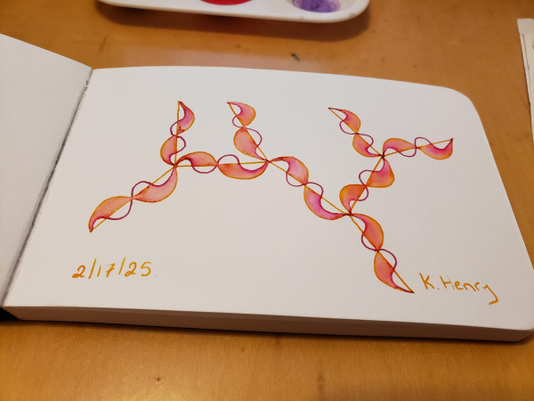 Hand drawn generative/procedural art in ink on an open page of my sketchbook. The abstract pattern looks a bit like a chemistry diagram with little squiggly fish on the edges.