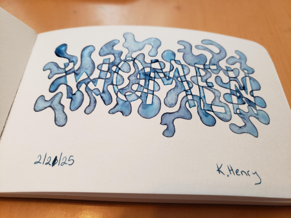 Hand drawn generative/procedural art in ink on an open page of my sketchbook. The abstract pattern looks like smoke or microorganisms over the word 'women'.