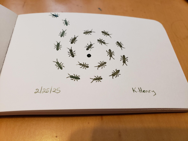 Hand drawn generative/procedural art in ink on an open page of my sketchbook. The abstract pattern has ant motifs drawn as if they are spiraling out from a small hole in the page.