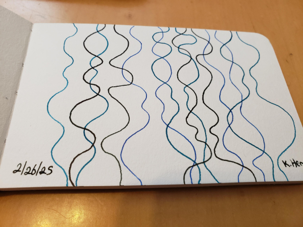 Hand drawn generative/procedural art in ink on an open page of my sketch book. The abstract pattern has a bunch of overlapping wavy lines going down the page.