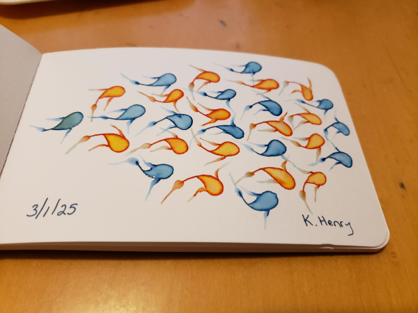 Hand drawn generative/procedural art in ink on an open page of my sketchbook. The abstract pattern looks a bit like a bunch of little fish positioned like they form a much bigger fish together. 