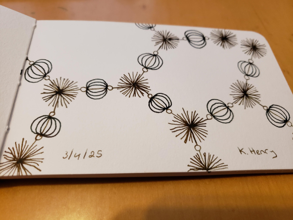 Hand drawn generative/procedural art in ink on an open page of my sketchbook. The abstract pattern looks a bit like a chemistry diagram and beads.