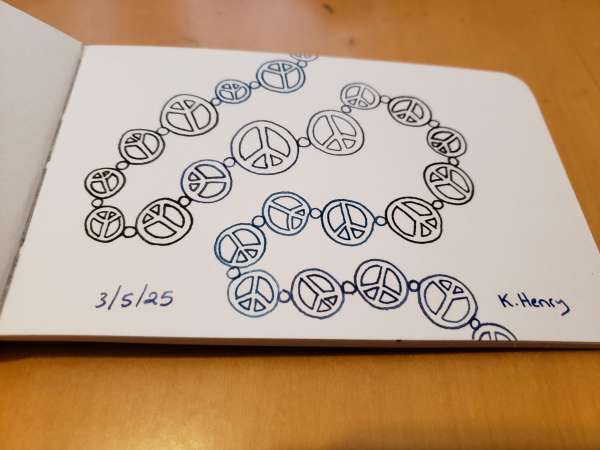 Hand drawn generative/procedural art in ink on an open page of my sketchbook. The abstract pattern looks a bit like peace sign shaped beads on a string.