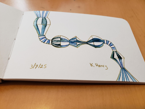 Hand drawn generative/procedural art in ink on an open page of my sketchbook. The abstract pattern looks a bit like a fancy drain pipe on the side of an old building.