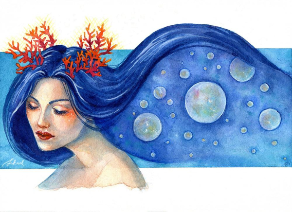 A watercolour painting of a woman with bubbles under her hair.