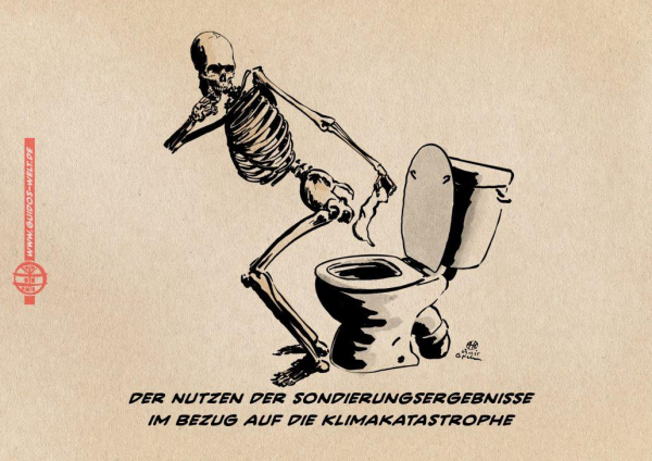 Illustration eines Skelettes, welches sich mit einem Blatt Papier den Arsch abwischt. Textzeile: Der Nutzen der Sondierungsergebnisse im Bezug auf die Klimakatastrophe.