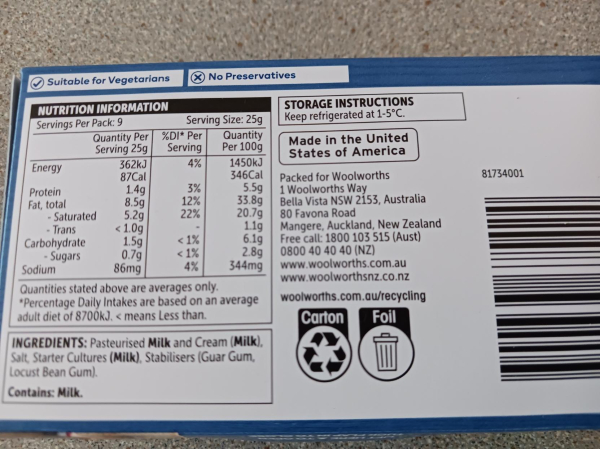 the back panel of Woolworths brand cream cheese, showing nutrition information and the now forbidden words "Made in the United States of America"