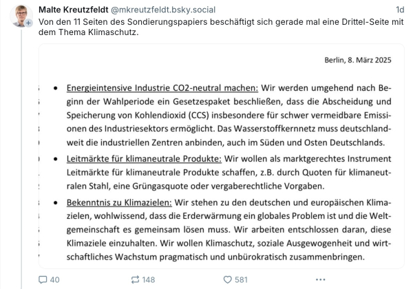 Malte kreutzfeldt, von den 11 Seiten des sondierungspapiers beschäftigt sich gerade mal eine Drittel-Seite mit dem Thema Klimaschutz...