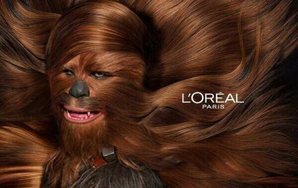 L'Oreal Paris -- photo of flowing auburn hair with Chewbacca's face photoshopped into it