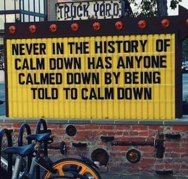 yellow sign in front of brick walll that says: Never in the historyy of calm down has anyone calmed down by being told to calm down.