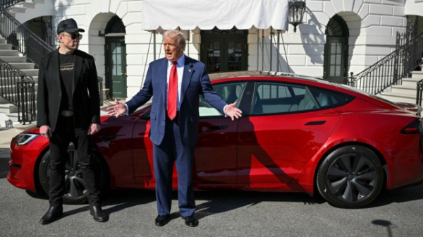 Musk & Trump in front of a red Tesla: