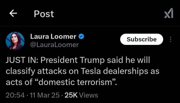 Lauraloomer @Lauraloomer JUST IN: President Trump said he will classify attacks on Tesla dealerships as acts of “domestic terrorism”. 20:54 - 11 Mar 25 - 25K Views 