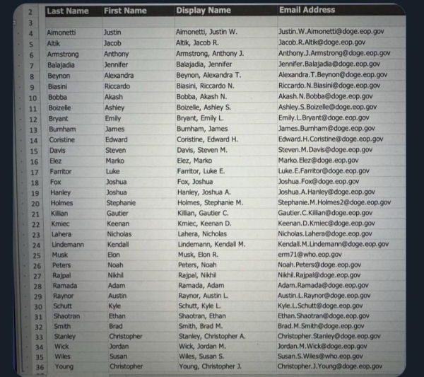 A slightly out of focus list of members of Doge and their official email addresses. It would a real shame if anyone used these email addresses for anything other than legitimate questions about their government activities.