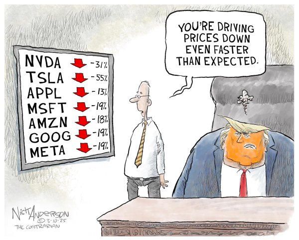 Editorial cartoon. Trump sits fuming at a desk. A man in a shirt and tie stands beside the desk looking at a list of all the stock market indices falling dramatically, and says, "You're driving prices down even faster than expected."

Credit: Nick Anderson 