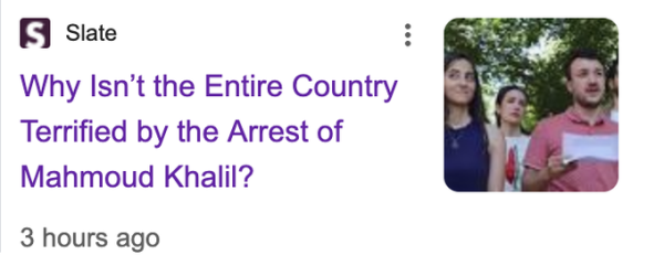 Screenshot of a headline from Slate
WHY ISN'T THE ENTIRE COUNTRY TERRIFIED BY THE ARREST OF MAHMOUD KHALIL?