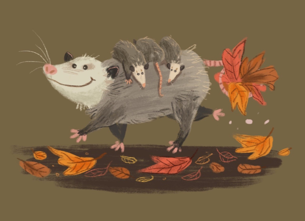 Opossum parents with kits and leaves 