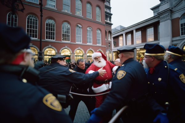 Santa resisting arrest in front of Faneuil Hall